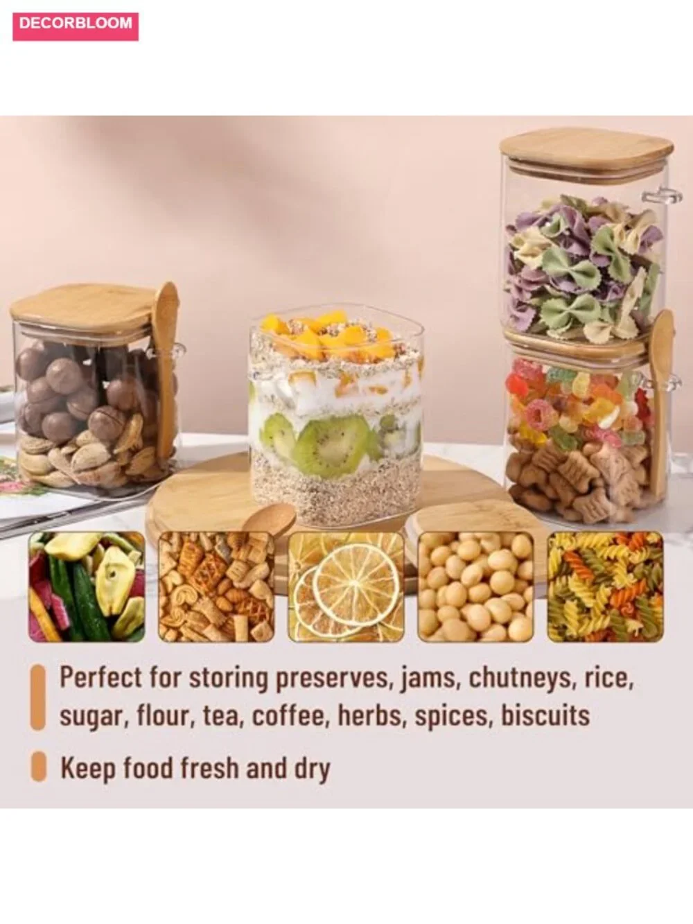 Glass Jars with Bamboo Lids and Spoons Set - 28 Oz, Airtight Food Storage